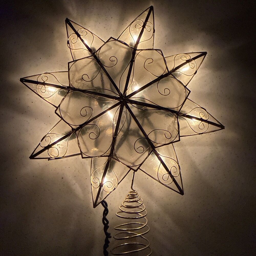 Kurt Adler Capiz Shell Illuminated Tree Top Topper Star Gold Metal Scroll Hearts
